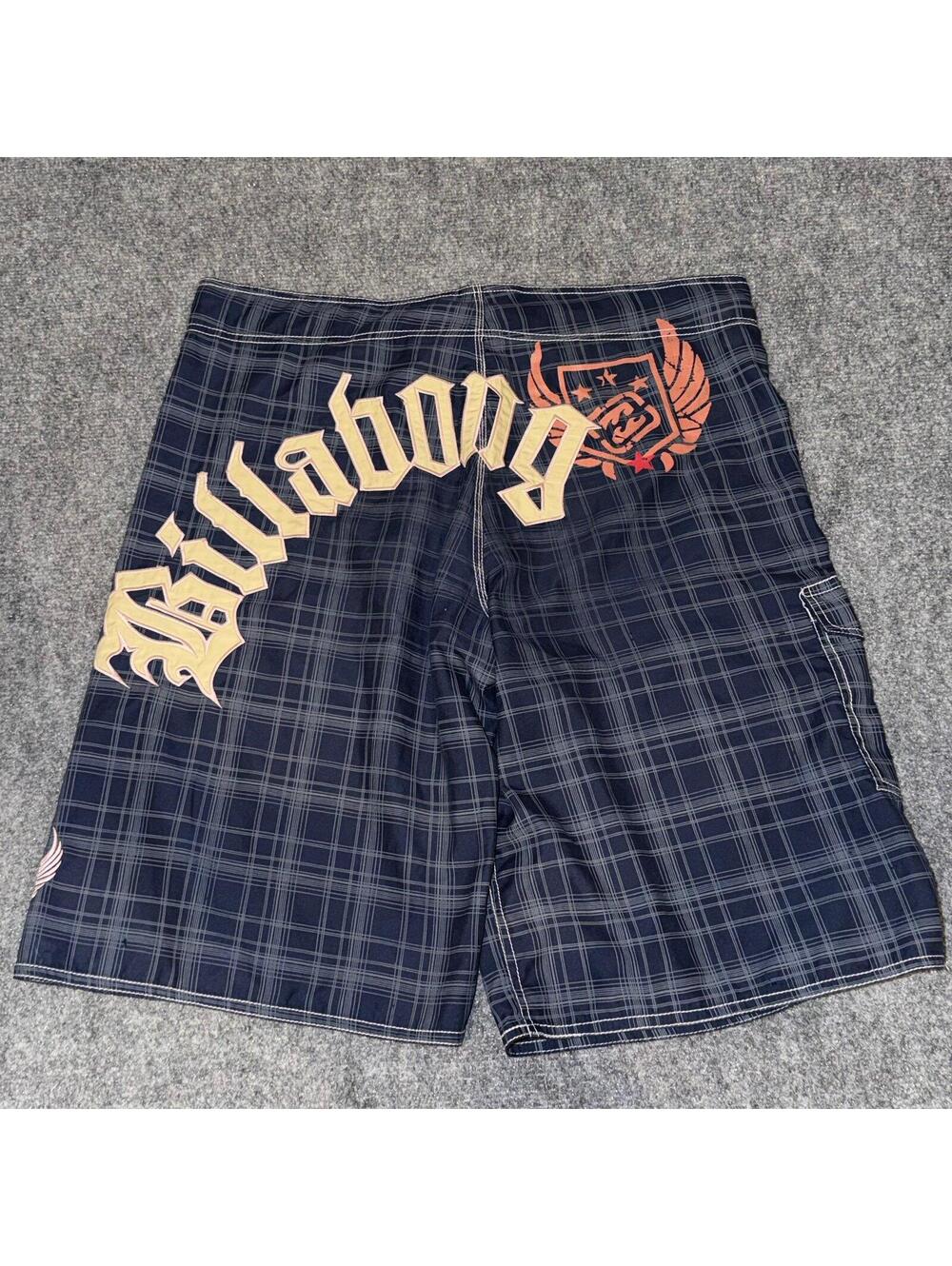 Billabong Blue Plaid Spellout Surf Board Shorts Mens XL Vtg y2k 90s Rare